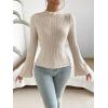 imageSweatyRocks Womens Casual Long Sleeve Mock Neck Tee Top Flare Sleeve Lettuce Trim Ribbed Knit T ShirtApricot