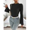 imageSweatyRocks Womens Casual Long Sleeve Mock Neck Tee Top Flare Sleeve Lettuce Trim Ribbed Knit T ShirtBlack
