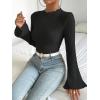 imageSweatyRocks Womens Casual Long Sleeve Mock Neck Tee Top Flare Sleeve Lettuce Trim Ribbed Knit T ShirtBlack