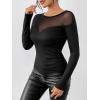 imageSweatyRocks Womens Contrast Sheer Mesh Slim Fit Tee Top Long Sleeve Round Neck T ShirtBlack