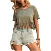imageSweatyRocks Womens Fringed Hem Short Sleeve Tee Shirts V Neck Plain Summer TopsArmy Green