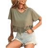 imageSweatyRocks Womens Fringed Hem Short Sleeve Tee Shirts V Neck Plain Summer TopsArmy Green