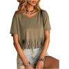imageSweatyRocks Womens Fringed Hem Short Sleeve Tee Shirts V Neck Plain Summer TopsArmy Green