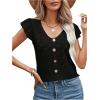 imageSweatyRocks Womens V Neck Shirt Top Ruffled Sleeve Decor Button Down Blouse Embroidery Eyelet TopBlack