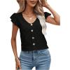 imageSweatyRocks Womens V Neck Shirt Top Ruffled Sleeve Decor Button Down Blouse Embroidery Eyelet TopBlack