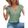 imageSweatyRocks Womens V Neck Shirt Top Ruffled Sleeve Decor Button Down Blouse Embroidery Eyelet TopMint Green