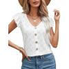 imageSweatyRocks Womens V Neck Shirt Top Ruffled Sleeve Decor Button Down Blouse Embroidery Eyelet TopWhite