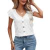 imageSweatyRocks Womens V Neck Shirt Top Ruffled Sleeve Decor Button Down Blouse Embroidery Eyelet TopWhite
