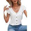 imageSweatyRocks Womens V Neck Shirt Top Ruffled Sleeve Decor Button Down Blouse Embroidery Eyelet TopWhite