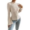 imageSweatyRocks Womens Casual Long Sleeve Mock Neck Tee Top Flare Sleeve Lettuce Trim Ribbed Knit T ShirtApricot