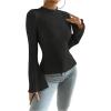 imageSweatyRocks Womens Casual Long Sleeve Mock Neck Tee Top Flare Sleeve Lettuce Trim Ribbed Knit T ShirtBlack