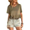 imageSweatyRocks Womens Fringed Hem Short Sleeve Tee Shirts V Neck Plain Summer TopsArmy Green