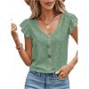 imageSweatyRocks Womens V Neck Shirt Top Ruffled Sleeve Decor Button Down Blouse Embroidery Eyelet TopMint Green