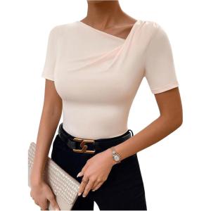 imageSweatyRocks Womens Asymmetrical Neck Ruched Tee Solid Short Sleeve T ShirtsApricot