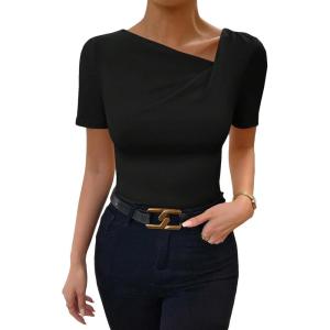 imageSweatyRocks Womens Asymmetrical Neck Ruched Tee Solid Short Sleeve T ShirtsBlack