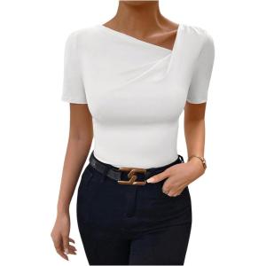 imageSweatyRocks Womens Asymmetrical Neck Ruched Tee Solid Short Sleeve T ShirtsWhite