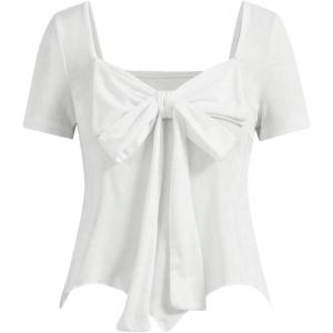 imageSweatyRocks Womens Bow Knot T Shirts Short Sleeve Sweetheart Neck Asymmetrical Hem Tee TopsWhite