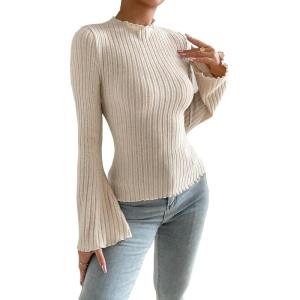 imageSweatyRocks Womens Casual Long Sleeve Mock Neck Tee Top Flare Sleeve Lettuce Trim Ribbed Knit T ShirtApricot