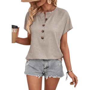 imageSweatyRocks Womens Half Button Front Blouses Tops Casual Comfy Basic Short Sleeve Tee ShirtsKhaki