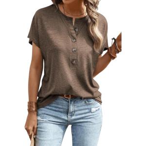 imageSweatyRocks Womens Half Button Front Blouses Tops Casual Comfy Basic Short Sleeve Tee ShirtsMocha Brown