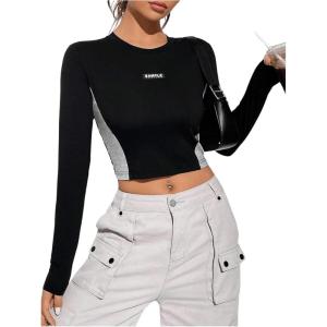 imageSweatyRocks Womens Long Sleeve Crop Top Crew Neck Colorblock Slim Fitted Tee StreetwearBlack and White