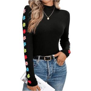 imageSweatyRocks Womens Long Sleeve Mock Neck Tops Cute Floral Print Slim Fit Basic T ShirtsBlack