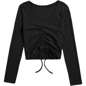 imageSweatyRocks Womens Long Sleeve V Neck Crop Top Drawstring Ruched Tee ShirtBlack