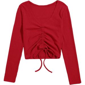 imageSweatyRocks Womens Long Sleeve V Neck Crop Top Drawstring Ruched Tee ShirtRed
