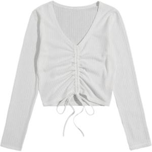 imageSweatyRocks Womens Long Sleeve V Neck Crop Top Drawstring Ruched Tee ShirtWhite