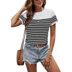 imageSweatyRocks Womens Short Sleeve T Shirt Striped Print Round Neck Casual Soft Knit Tee TopBlack and White