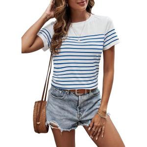 imageSweatyRocks Womens Short Sleeve T Shirt Striped Print Round Neck Casual Soft Knit Tee TopBlue and White