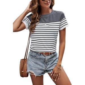 imageSweatyRocks Womens Short Sleeve T Shirt Striped Print Round Neck Casual Soft Knit Tee TopDark Grey