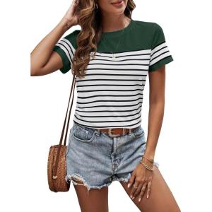 imageSweatyRocks Womens Short Sleeve T Shirt Striped Print Round Neck Casual Soft Knit Tee TopGreen