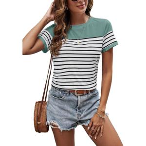 imageSweatyRocks Womens Short Sleeve T Shirt Striped Print Round Neck Casual Soft Knit Tee TopLight Blue
