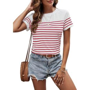 imageSweatyRocks Womens Short Sleeve T Shirt Striped Print Round Neck Casual Soft Knit Tee TopRed