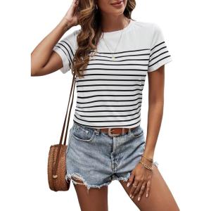 imageSweatyRocks Womens Short Sleeve T Shirt Striped Print Round Neck Casual Soft Knit Tee TopWhite