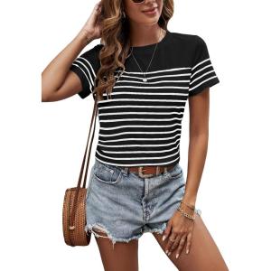 imageSweatyRocks Womens Short Sleeve T Shirt Striped Print Round Neck Casual Soft Knit Tee TopWhite and Black
