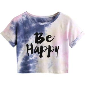 imageSweatyRocks Womens Short Sleeve Tie Dye Letter Print Crop Top T ShirtTie Dye Navy