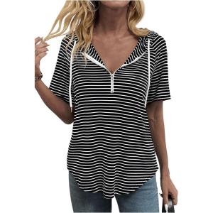 imageSweatyRocks Womens Striped Printed Short Sleeve Hoodie Half Zip Drawstring Casual T ShirtsMulticolor