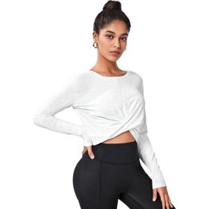 imageSweatyRocks Womens Twist Front Long Sleeve Crop Tee Tops Casual Solid Workout Athletic Yoga TShirtsWhite