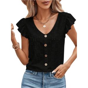 imageSweatyRocks Womens V Neck Shirt Top Ruffled Sleeve Decor Button Down Blouse Embroidery Eyelet TopBlack
