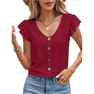 imageSweatyRocks Womens V Neck Shirt Top Ruffled Sleeve Decor Button Down Blouse Embroidery Eyelet TopBurgundy