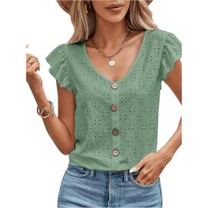 imageSweatyRocks Womens V Neck Shirt Top Ruffled Sleeve Decor Button Down Blouse Embroidery Eyelet TopMint Green