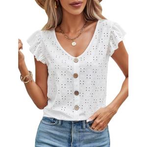 imageSweatyRocks Womens V Neck Shirt Top Ruffled Sleeve Decor Button Down Blouse Embroidery Eyelet TopWhite
