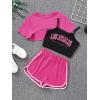 imageSweatyRocks Girls 3 Pieces Summer Outfits Letter Print Camisole and Short Sleeve Crop Tops with Shorts SetHot Pink