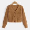 imageSweatyRocks Girls Long Sleeve Drop Shoulder V Neck Button Front Ribbed Knit Cardigan SweatersBrown