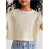 imageSweatyRocks Girls Waffle Knit T Shirts Short Sleeve Crew Neck Loose Fit Solid Casual Crop TopsBeige
