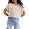 imageSweatyRocks Girls Waffle Knit T Shirts Short Sleeve Crew Neck Loose Fit Solid Casual Crop TopsBeige