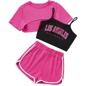 imageSweatyRocks Girls 3 Pieces Summer Outfits Letter Print Camisole and Short Sleeve Crop Tops with Shorts SetHot Pink