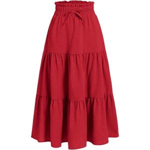 imageSweatyRocks Girls Casual Solid Drawstring Waist Ruffle Hem Midi Skirt A Line SkirtsRed